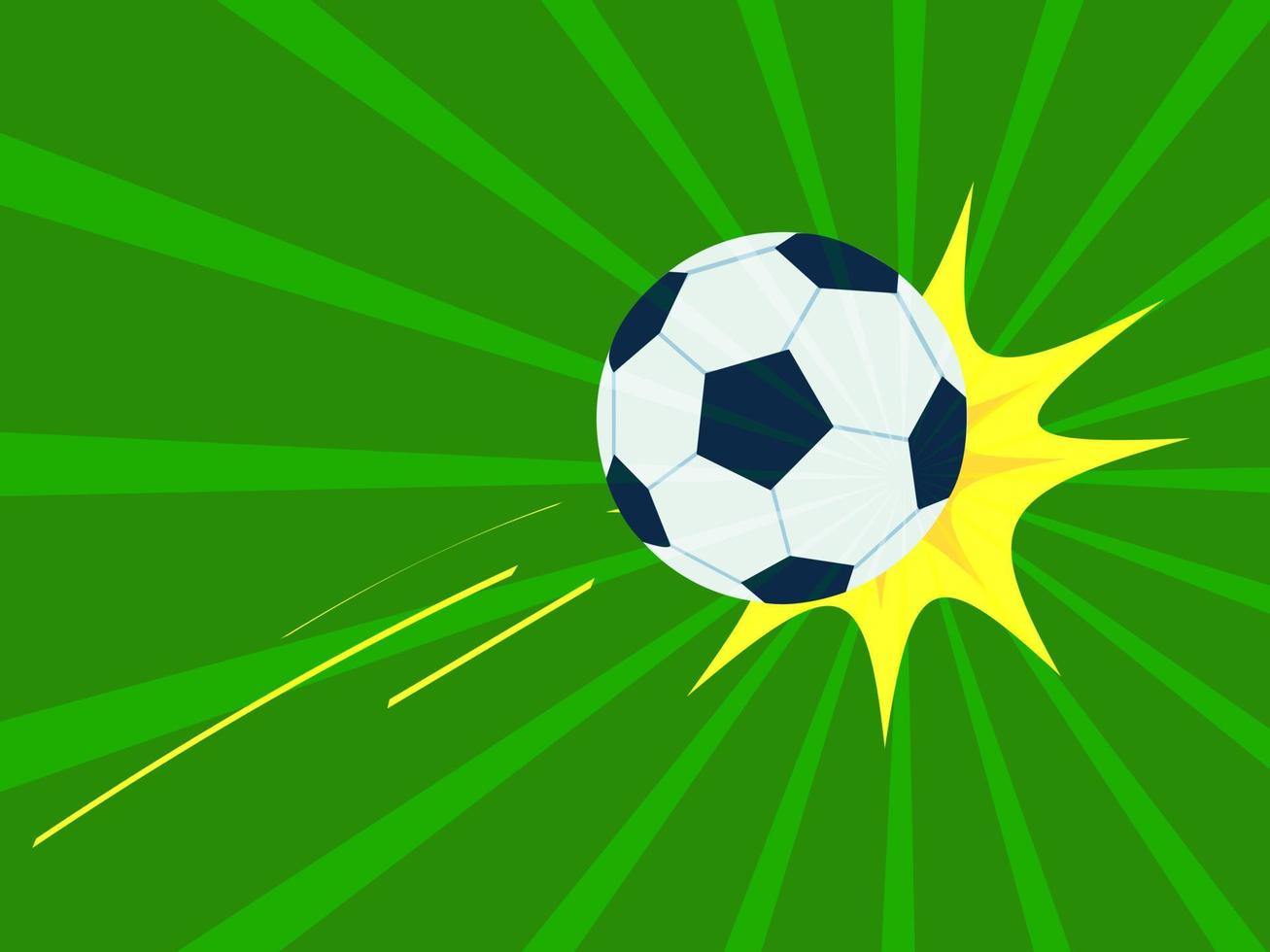 Football goal, victory concept. Kicked ball flying and hitting the goal with a bang. Dynamic pop art cartoon image isolated on green background, with copy space vector