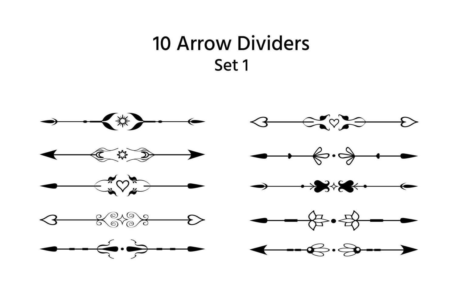 Hand-drawn unique fantasy arrows, double edged. Text dividers, paragraph decorations, separators. Set of ornate delimiter templates for page design, frames and borders, Valentine etc vector