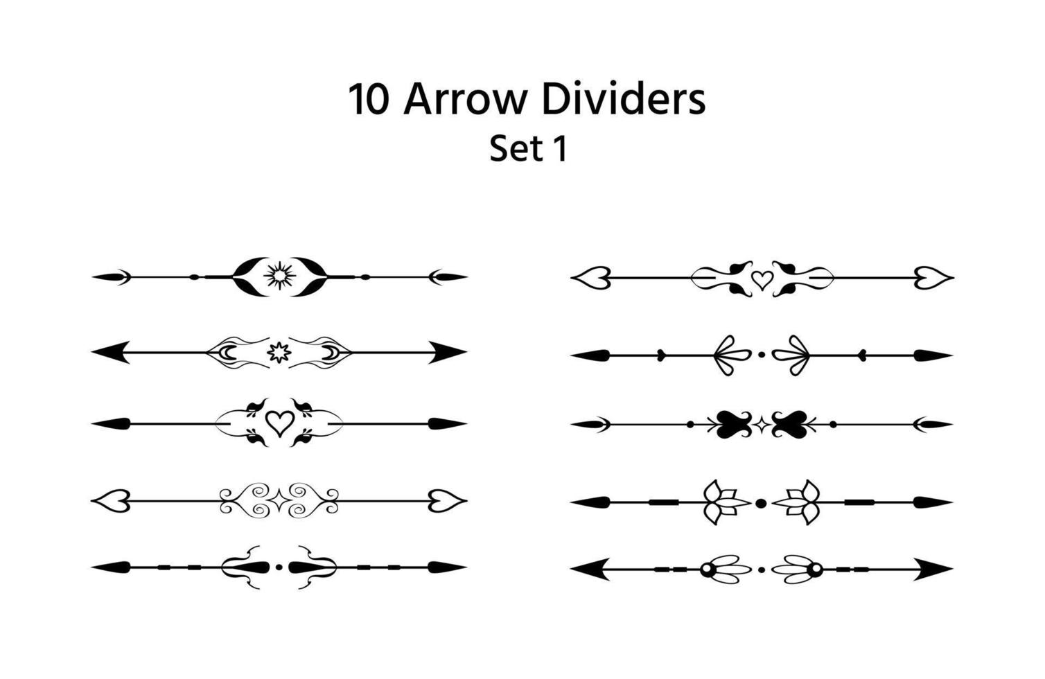 flechas de fantasía únicas dibujadas a mano, de doble filo. divisores de texto, decoraciones de párrafo, separadores. conjunto de plantillas delimitadoras ornamentadas para el diseño de páginas, marcos y bordes, san valentín, etc. vector