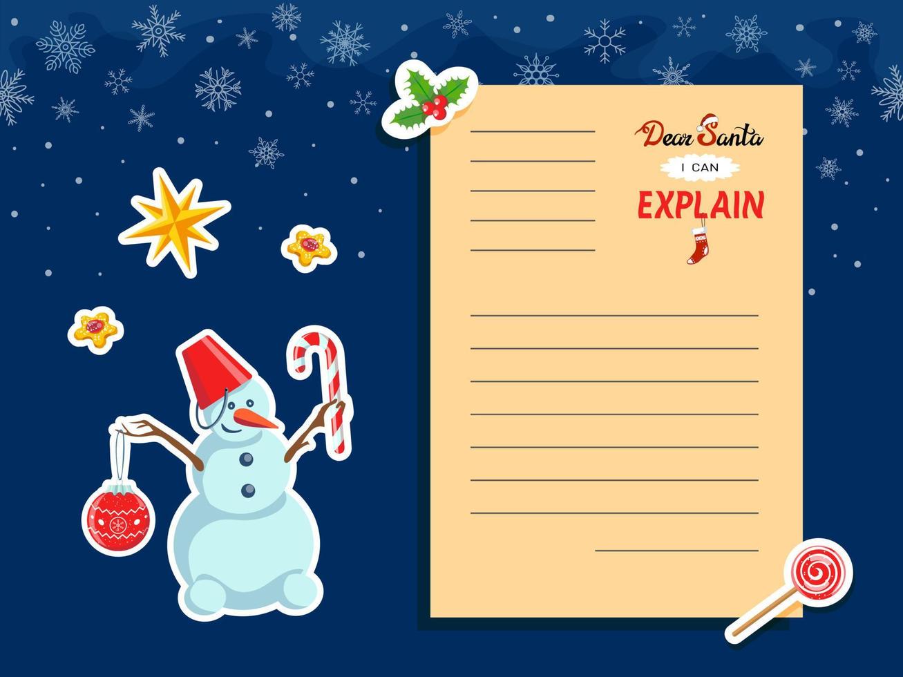 Dear Santa, I Can Explain - letter template, humorous innocent excuse of naughty behavior. Stamp phrase on ruled paper. Cute cartoon Christmas stickers. Snowflake seamless background vector