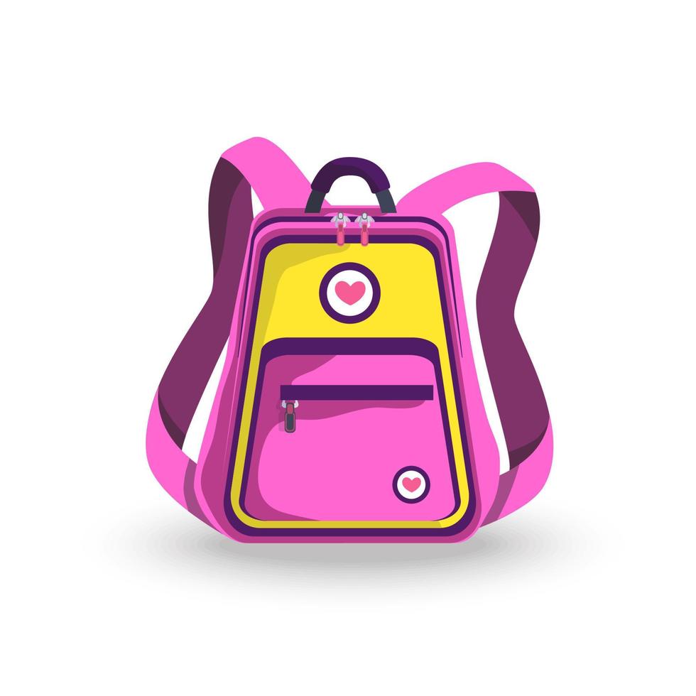 School, preschool or college backpack, pink magenta, violet and yellow colors, with pockets and zippers, with heart badges. Front view, closed stylish rucksack for girls. Isolated image vector