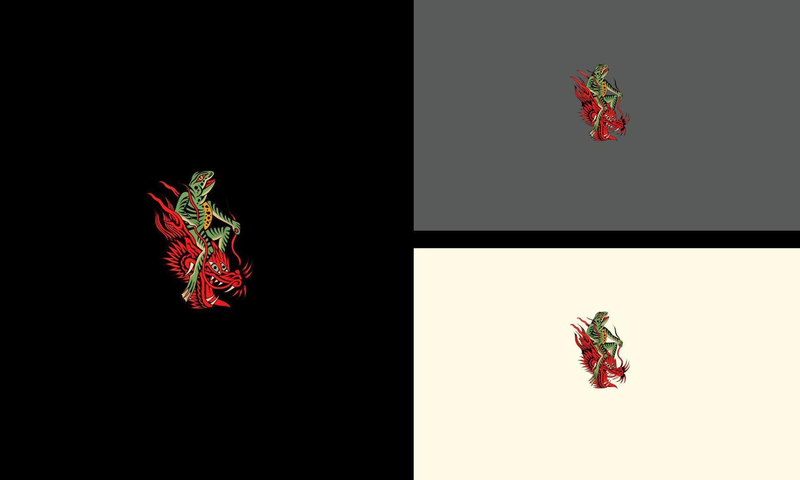 diseño de ilustraciones vectoriales de rana verde y cabeza de dragón rojo vector