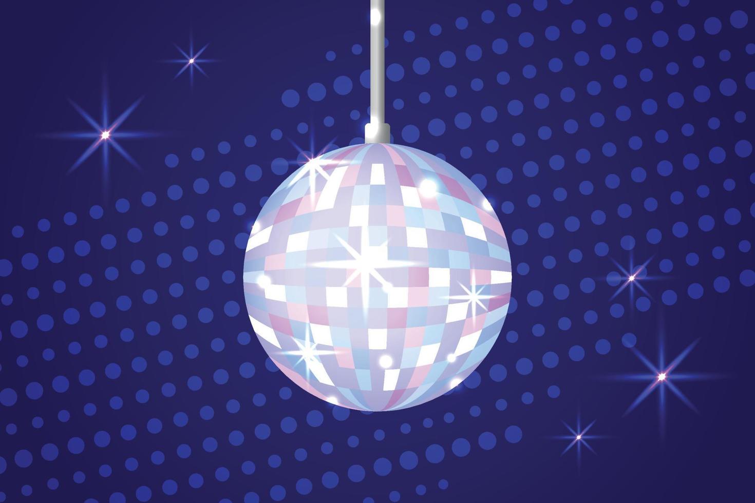 Shiny disco ball on dark blue background. Glowing colorful discoball. Night club party equipment. Luminous mirror ball vector