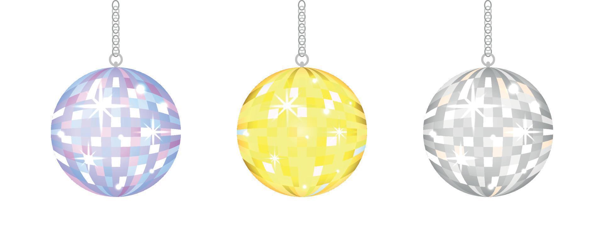 Disco balls vector set. Golden, silver and blue discoballs isolated. Glowing graphic elements for party designs. Colorful shiny mirror balls on white background. 80s 90s club life concept