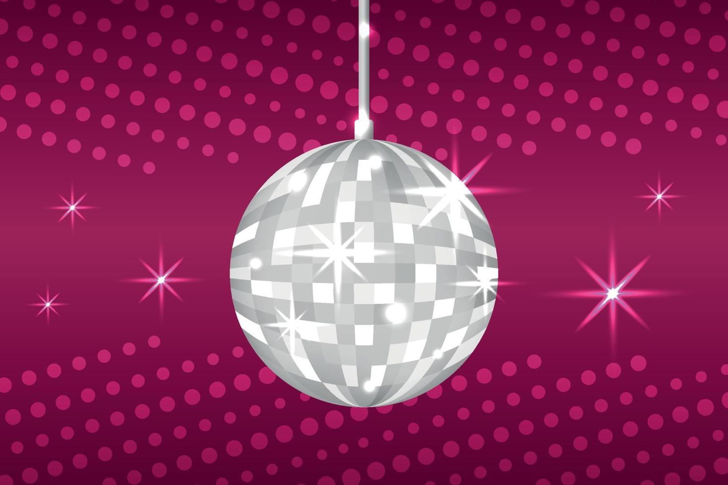 Silver disco ball on red background. Glowing discoball. Night club party equipment. Shiny mirror ball vector