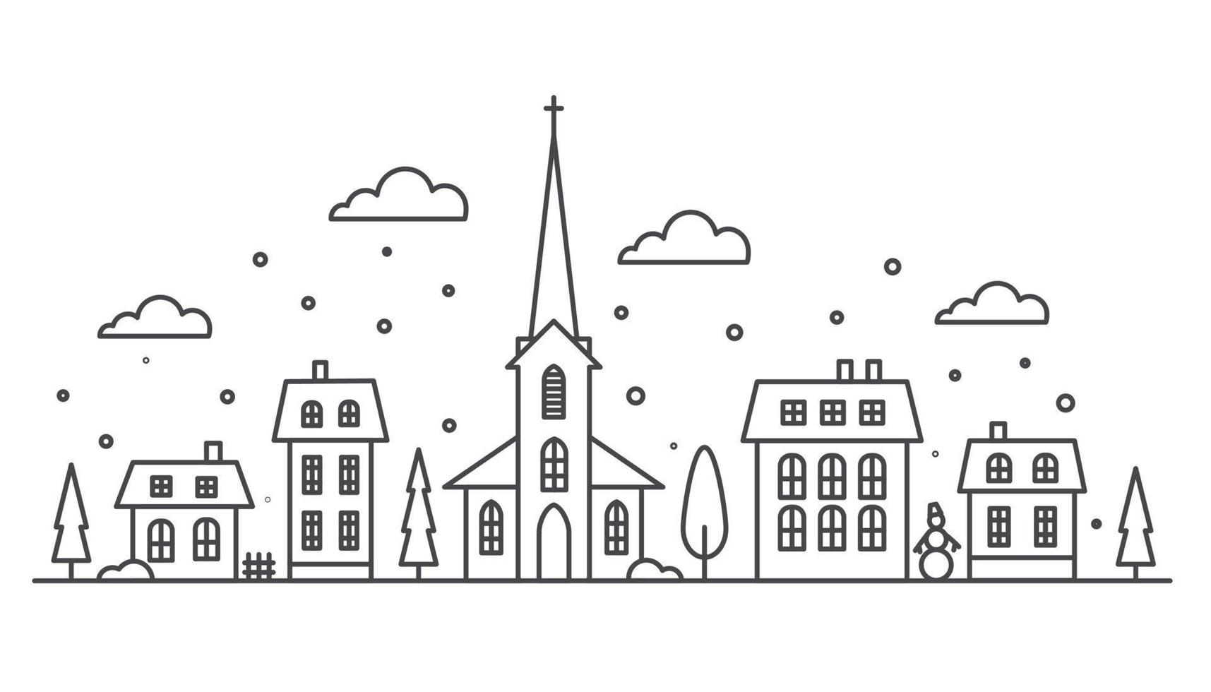 paisaje invernal del barrio suburbano. silueta de casas e iglesia en el horizonte con copos de nieve. casas de campo. ilustración vectorial de contorno. vector