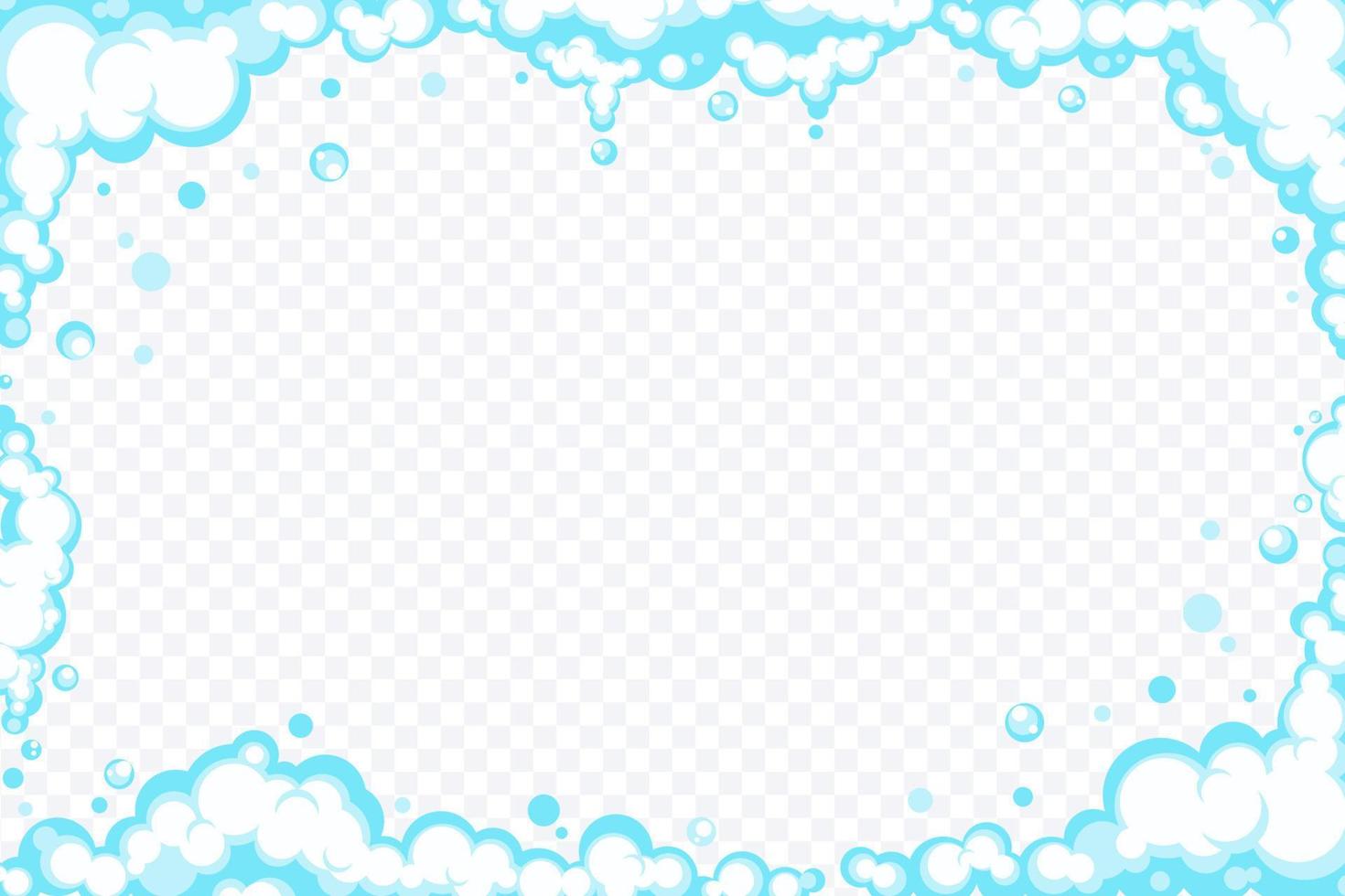 Soapy foam with bubbles. Frame of cartoon shampoo and shaving mousse foam suds. Clouds border. Vector illustration