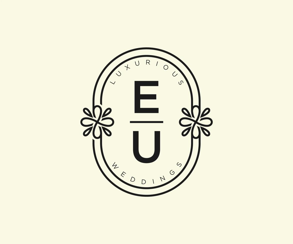 Plantilla de logotipos de monograma de boda con letras iniciales de la UE, plantillas florales y minimalistas modernas dibujadas a mano para tarjetas de invitación, guardar la fecha, identidad elegante. vector