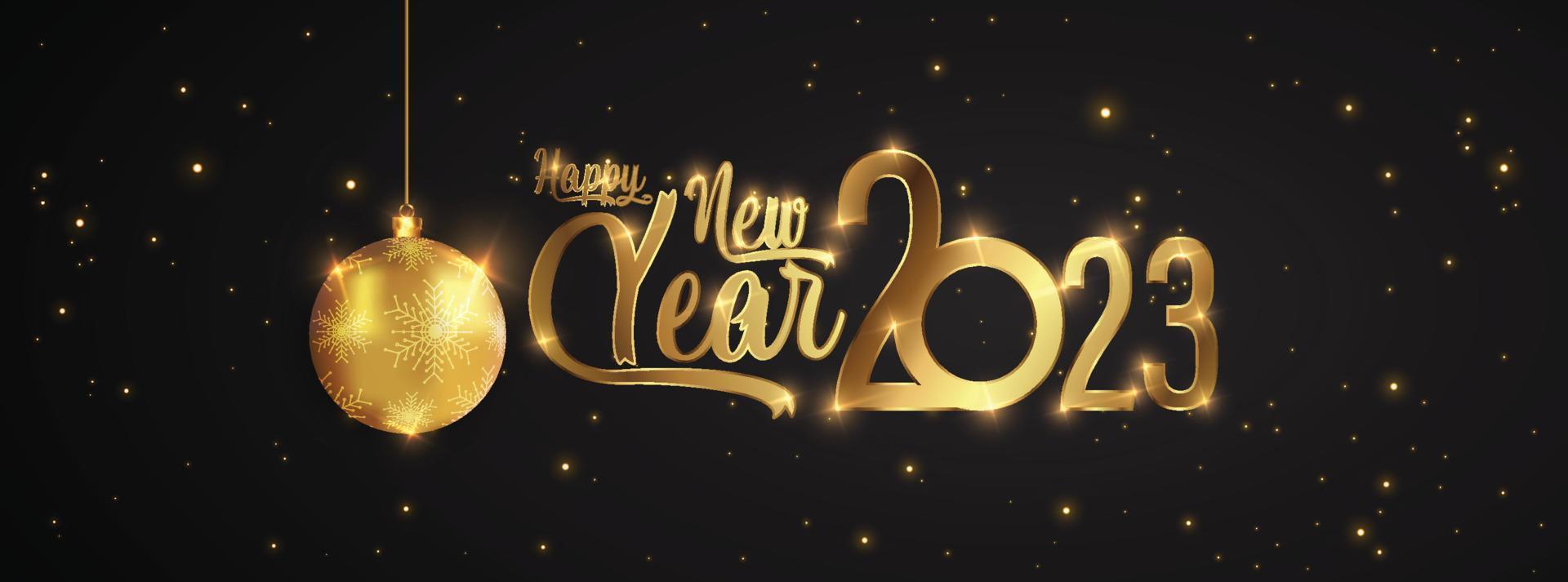 Happy New Year of glitter gold fireworks. Vector golden glittering text and 2023 numbers with sparkle shine for holiday greeting card.