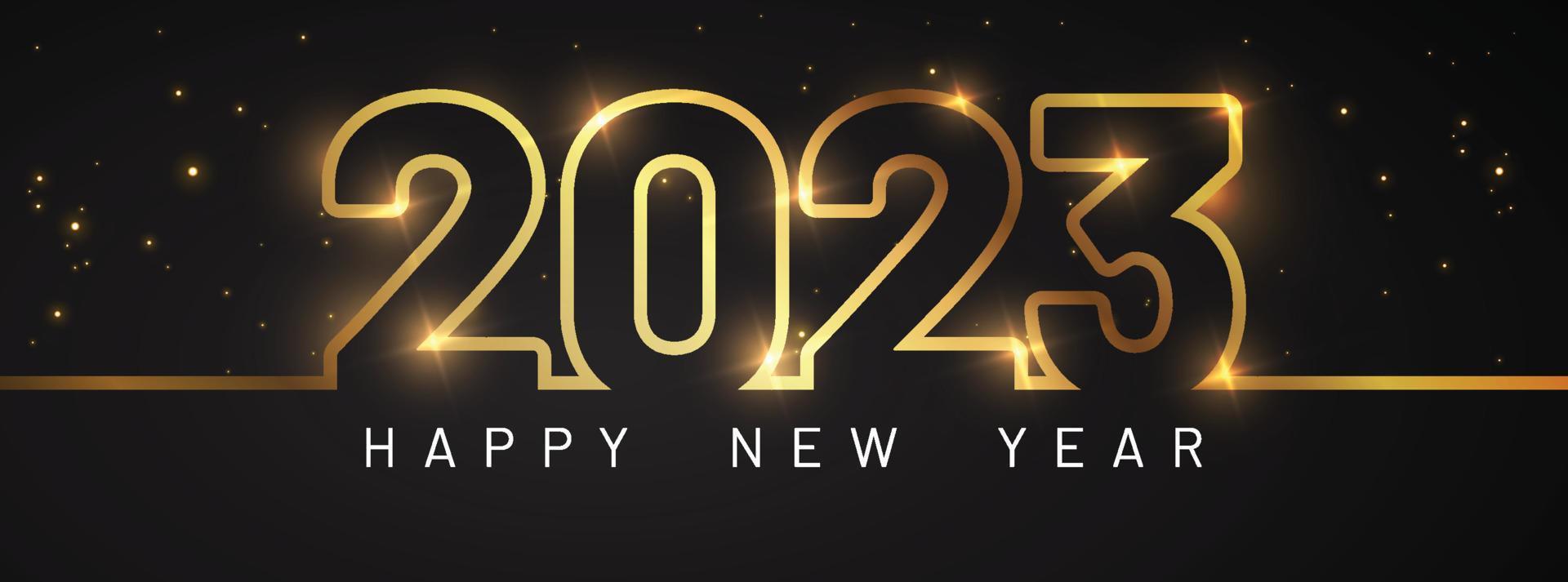 feliz año nuevo de fuegos artificiales dorados brillantes. texto brillante vectorial dorado y números 2023 con brillo brillante para la tarjeta de felicitación navideña. vector