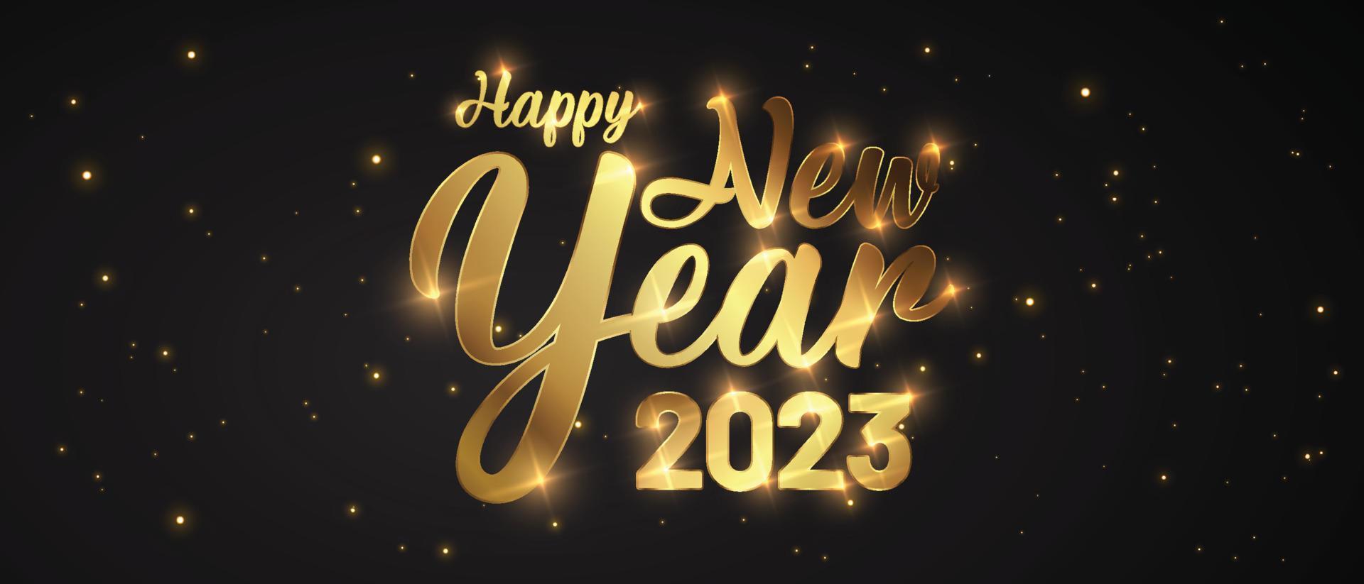 Happy New Year of glitter gold fireworks. Vector golden glittering text and 2023 numbers with sparkle shine for holiday greeting card.