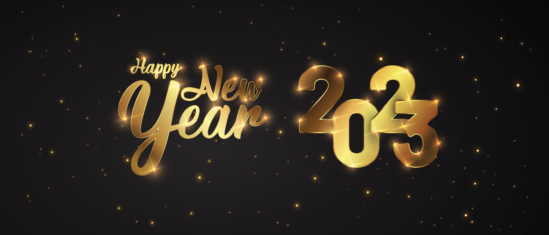 Happy New Year of glitter gold fireworks. Vector golden glittering text and 2023 numbers with sparkle shine for holiday greeting card.