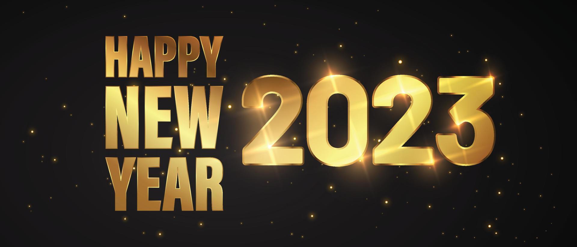 Happy New Year of glitter gold fireworks. Vector golden glittering text and 2023 numbers with sparkle shine for holiday greeting card.