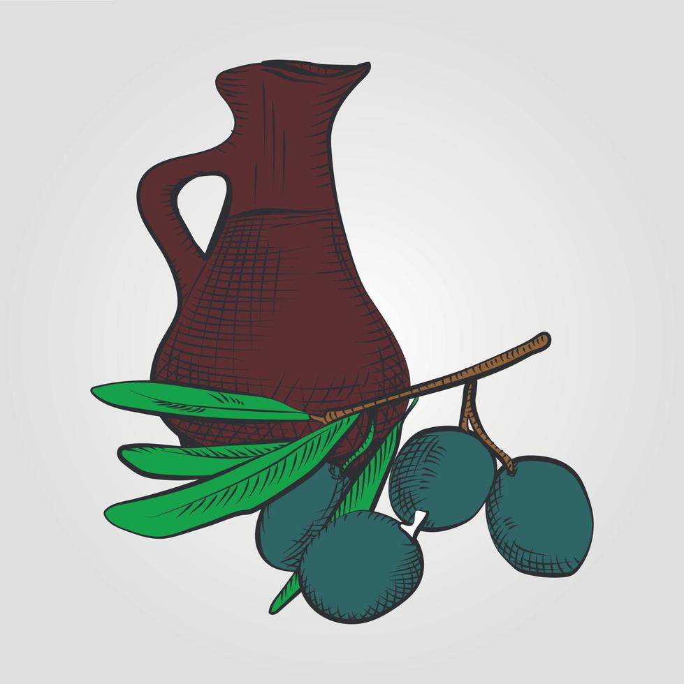 Hand drawn vector illustration - Old jug with fruit vector. Blossom plant with leaves Adobe Illustrator Artwork