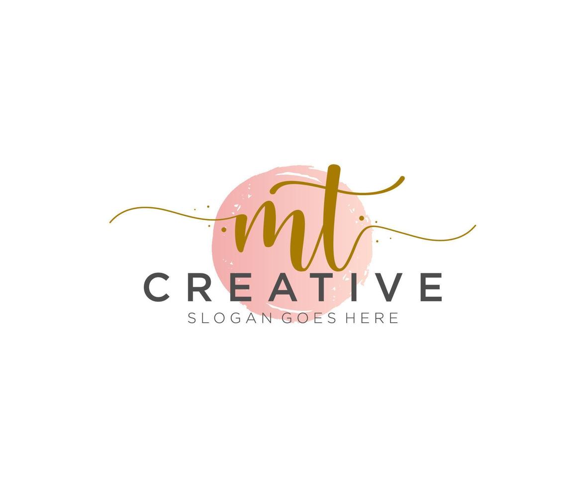 initial MT Feminine logo beauty monogram and elegant logo design, handwriting logo of initial signature, wedding, fashion, floral and botanical with creative template. vector