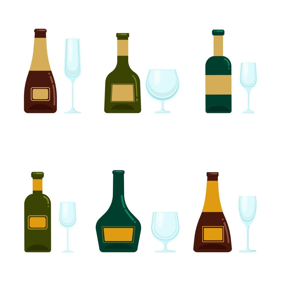 A set of bottles with alcohol and various glasses. Vector objects in flat style, isolated. Alcoholic drinks and crystal glasses