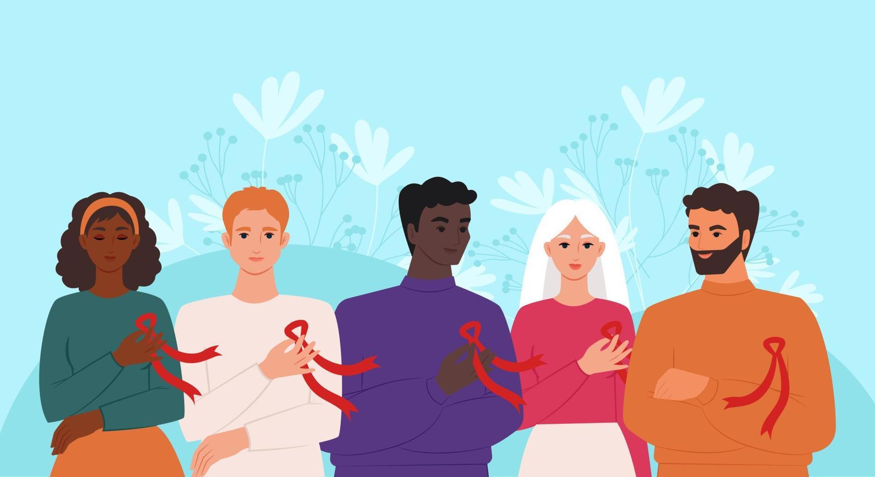 World AIDS Day. A group of people of different nationalities with red ribbons, a symbol of the fight against HIV. Vector illustration