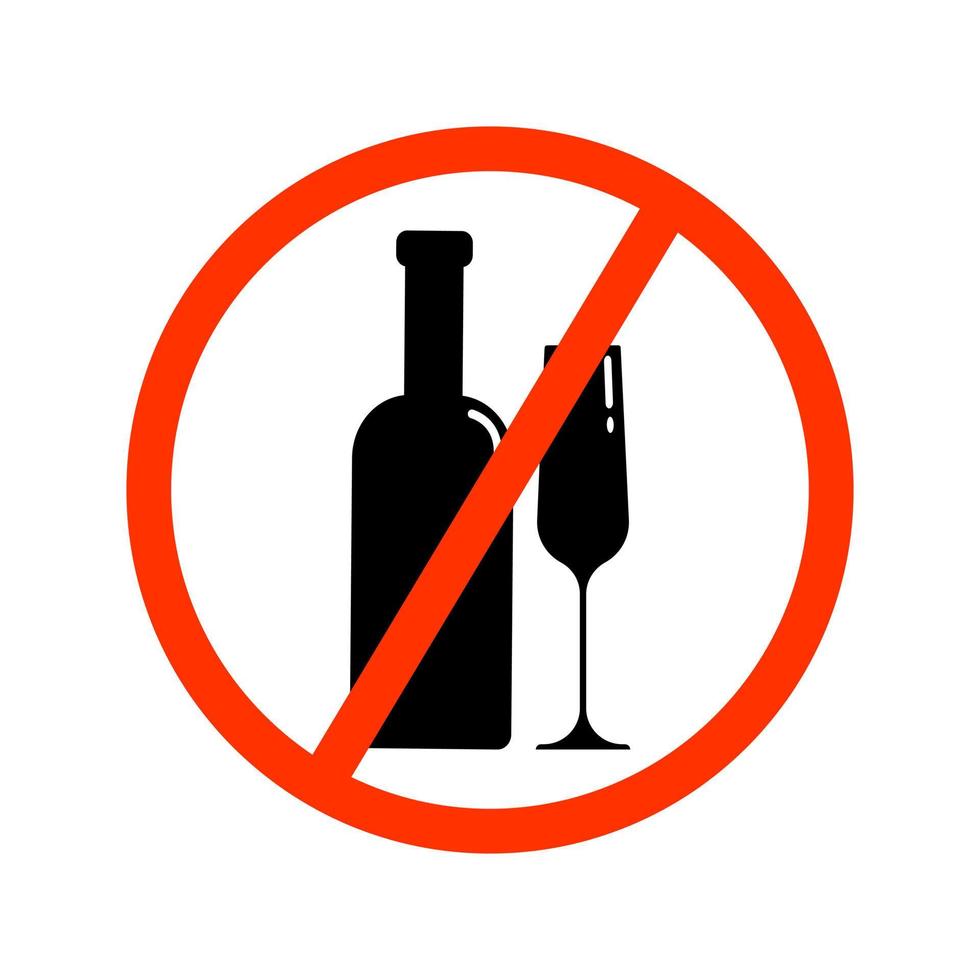 A set of black silhouettes of a bottle and a glass in a red crossed out circle. Vector clip art isolate on white. Alcohol ban illustration