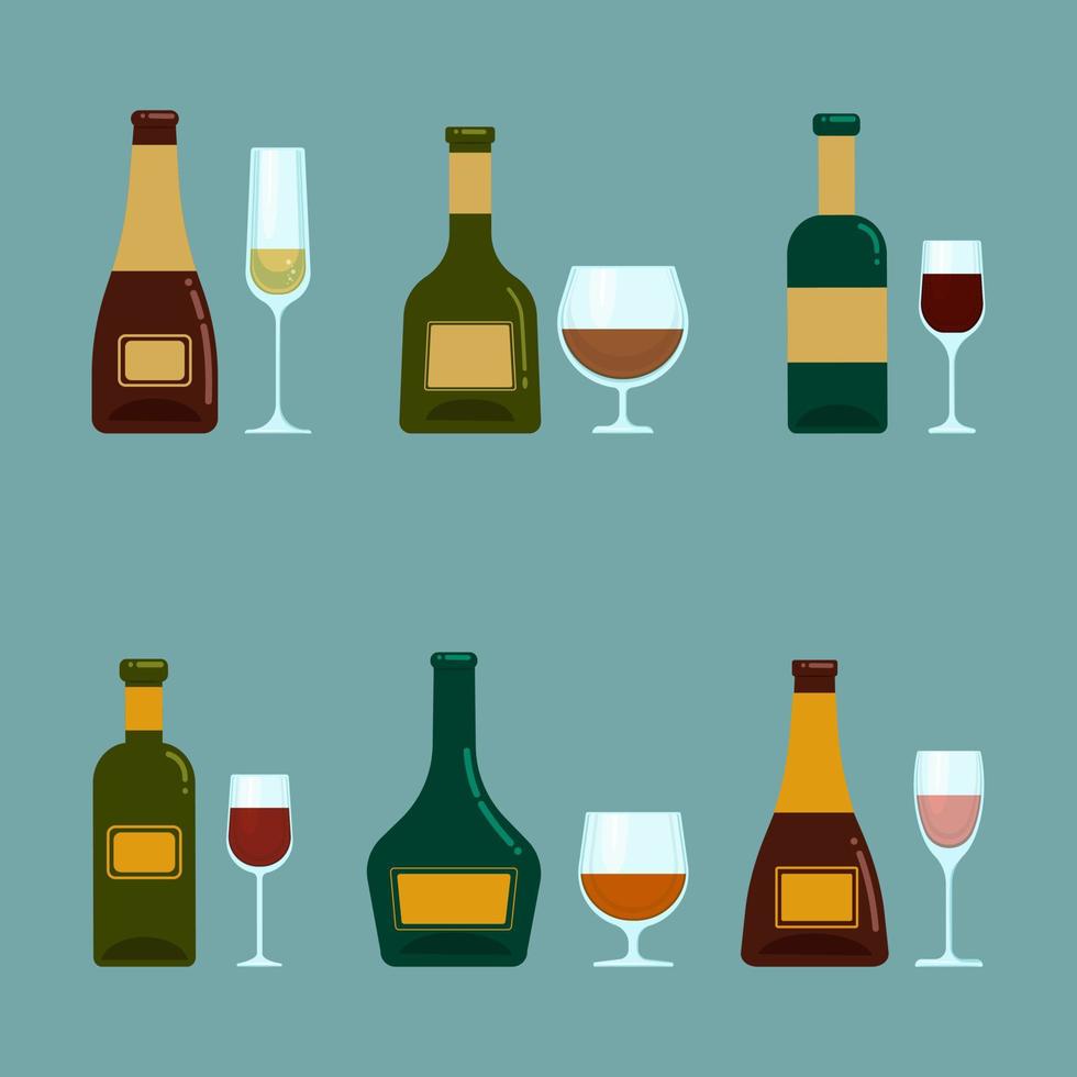 A set of bottles with alcohol and various glasses. Vector objects in flat style, isolated. Alcoholic drinks and crystal glasses
