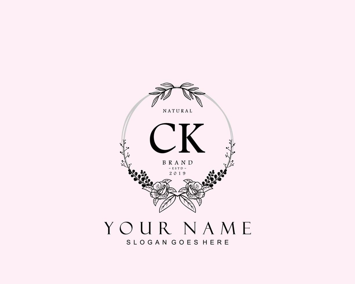 Initial CK beauty monogram and elegant logo design, handwriting logo of initial signature, wedding, fashion, floral and botanical with creative template. vector