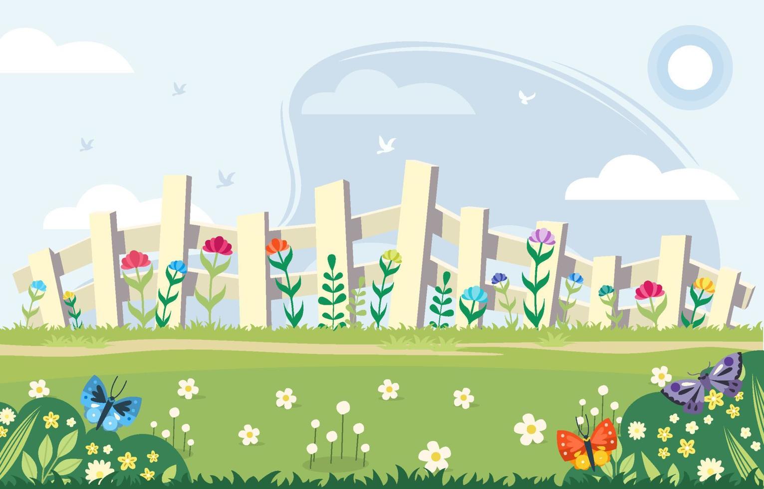 Flower Garden With Fence In Spring Concept vector