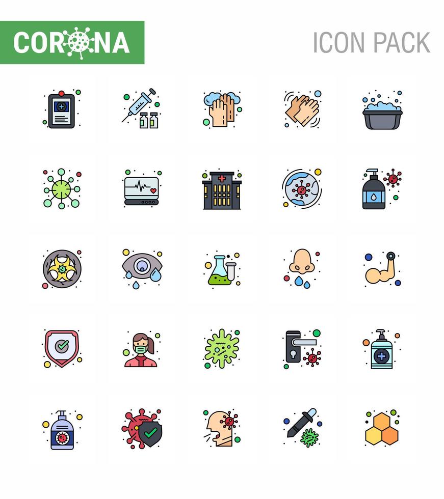 CORONAVIRUS 25 Flat Color Filled Line Icon set on the theme of Corona epidemic contains icons such as basin dry healthcare washing hands viral coronavirus 2019nov disease Vector Design Elements