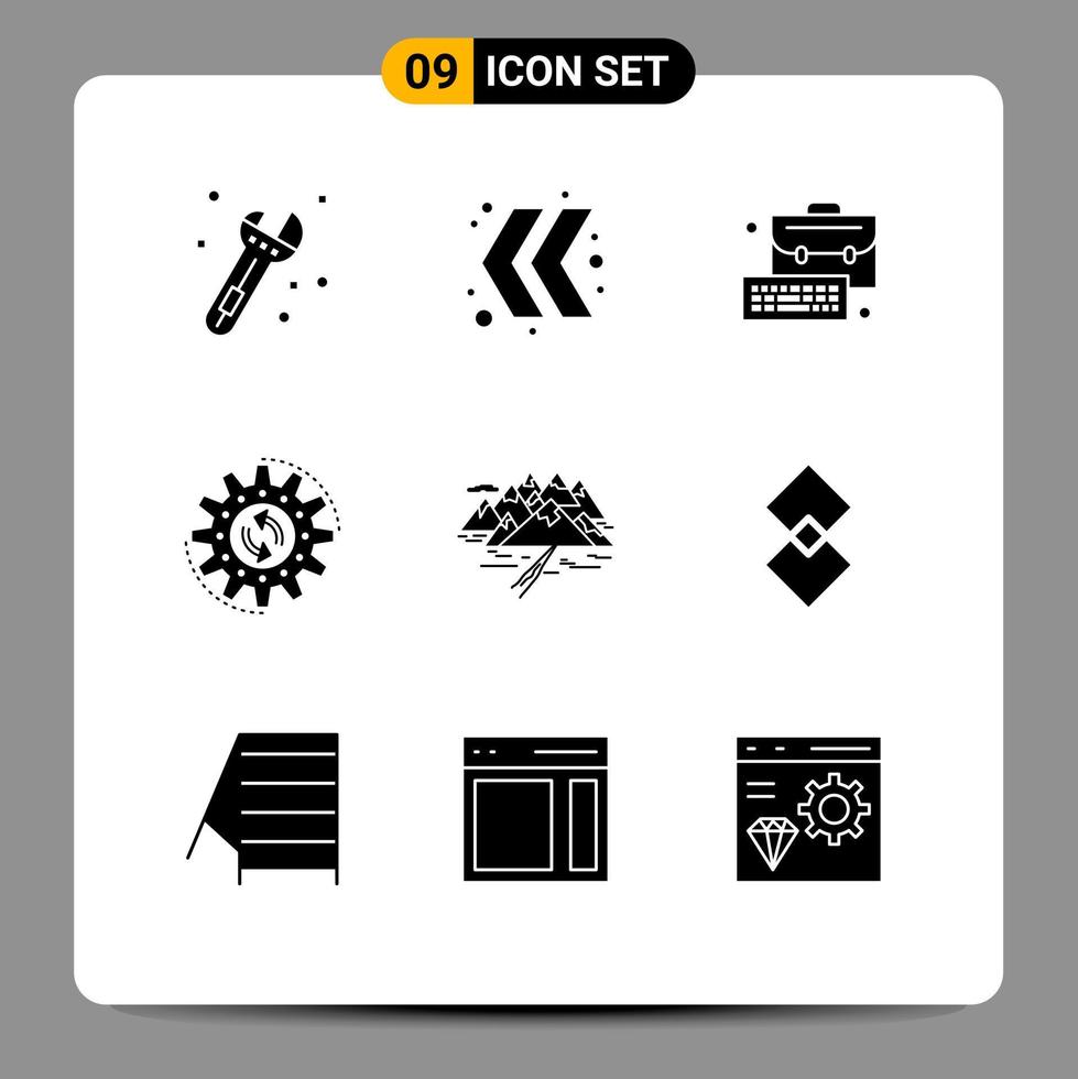 Editable Vector Line Pack of 9 Simple Solid Glyphs of landscape mountain management work production Editable Vector Design Elements
