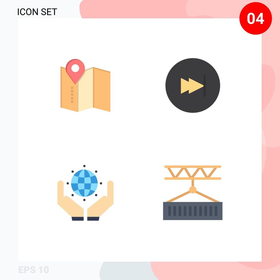 Group of 4 Flat Icons Signs and Symbols for location save the world arrow multimedia cargo Editable Vector Design Elements