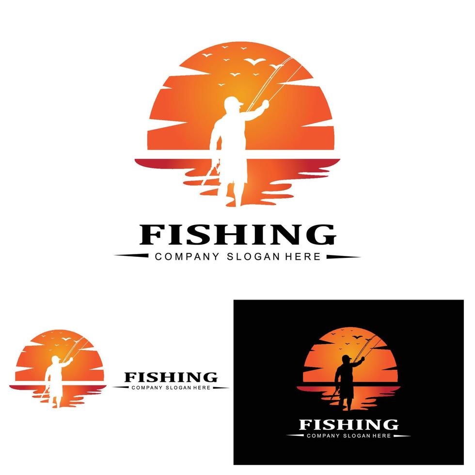 fishing logo icon vector, catch fish on the boat, outdoor sunset silhouette design vector