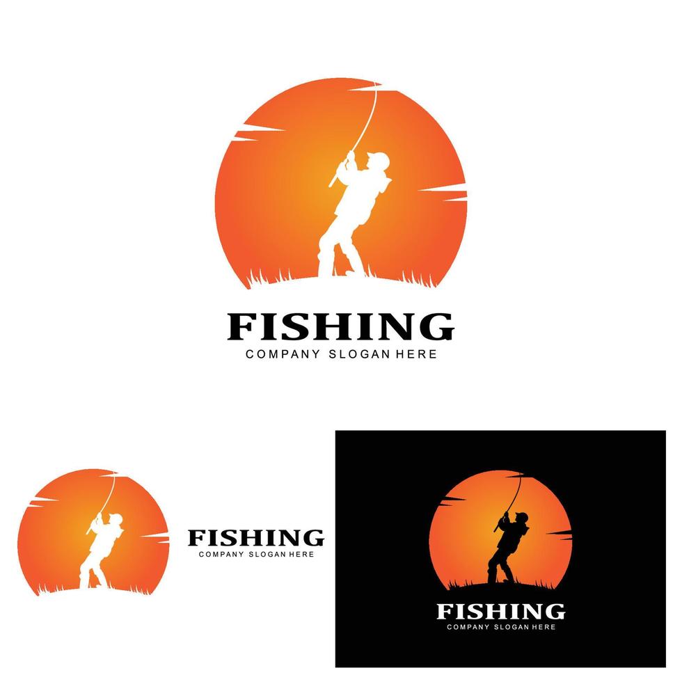 fishing logo icon vector, catch fish on the boat, outdoor sunset silhouette design vector