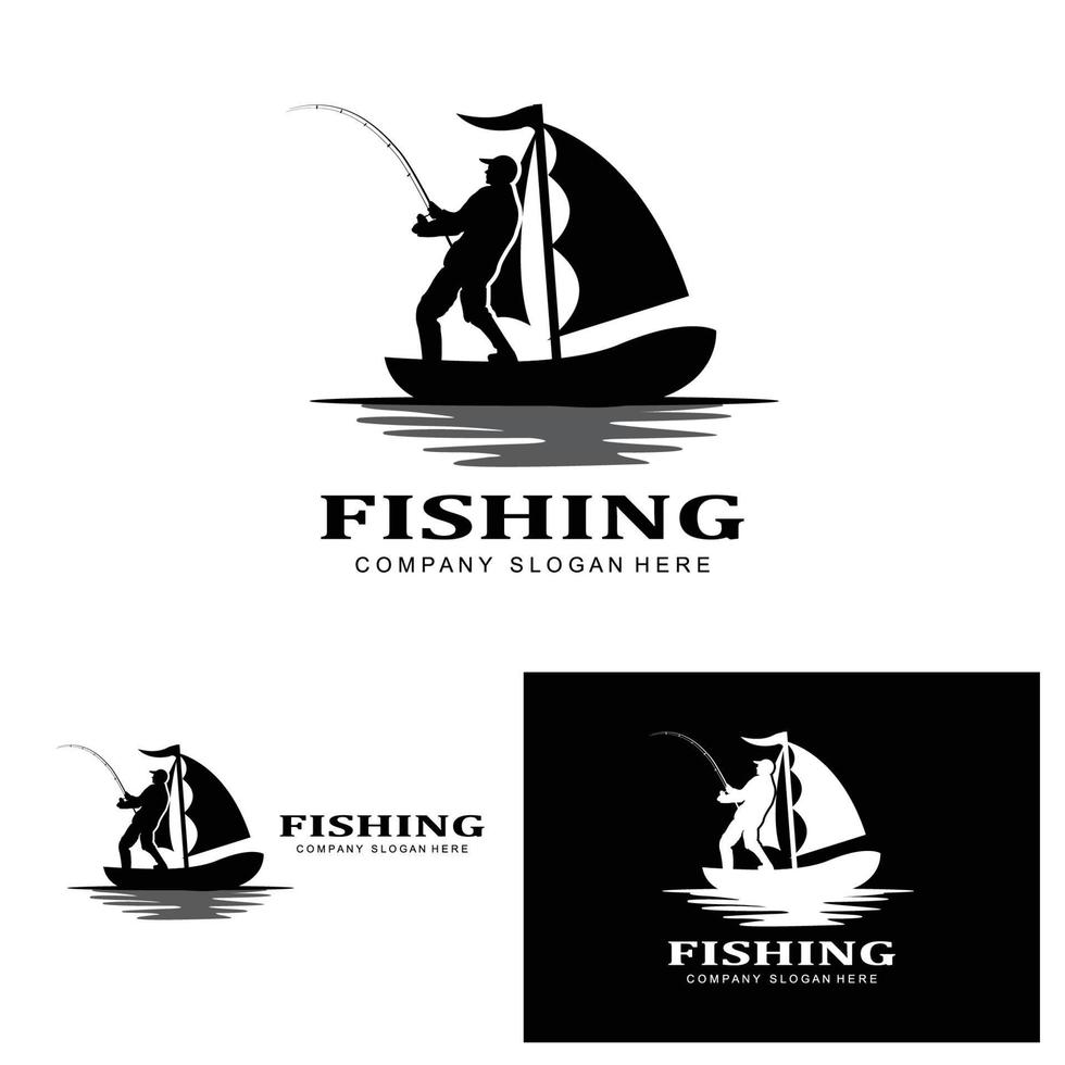 fishing logo icon vector, catch fish on the boat, outdoor sunset silhouette design vector