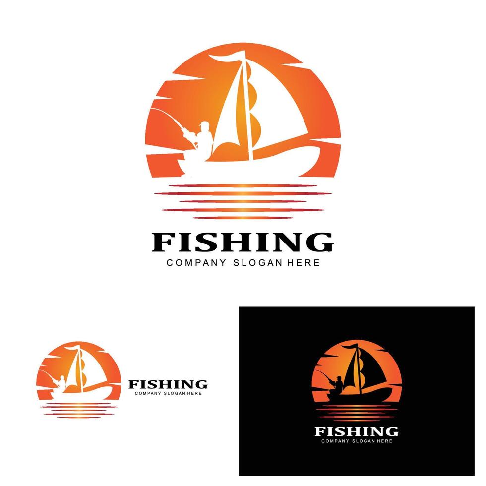 vector de icono de logotipo de pesca, pescar peces en el barco, diseño de silueta de puesta de sol al aire libre