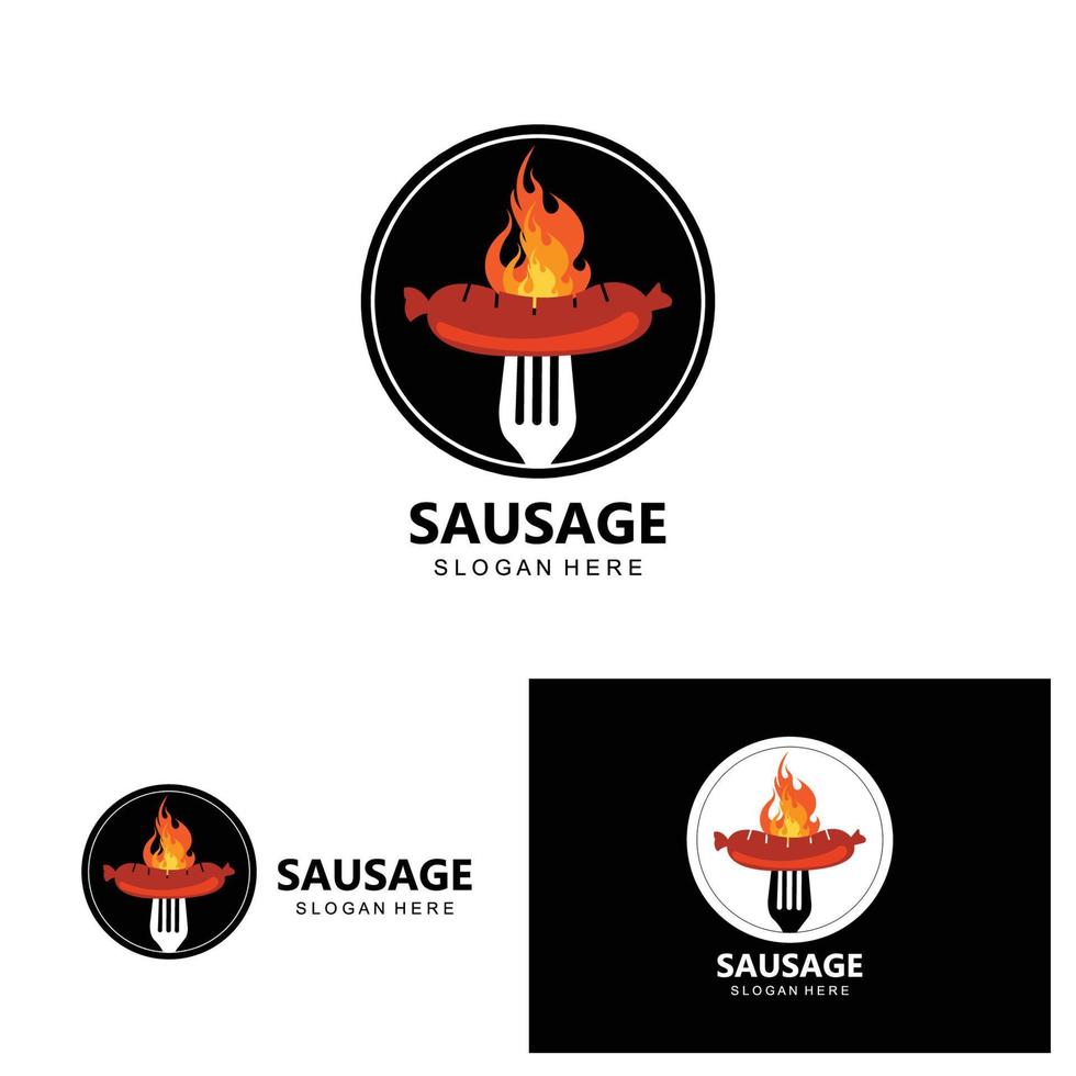 logo de salchicha, vector de comida moderna, diseño para marcas de comida a la parrilla, bbq, tienda de salchichas, perrito caliente