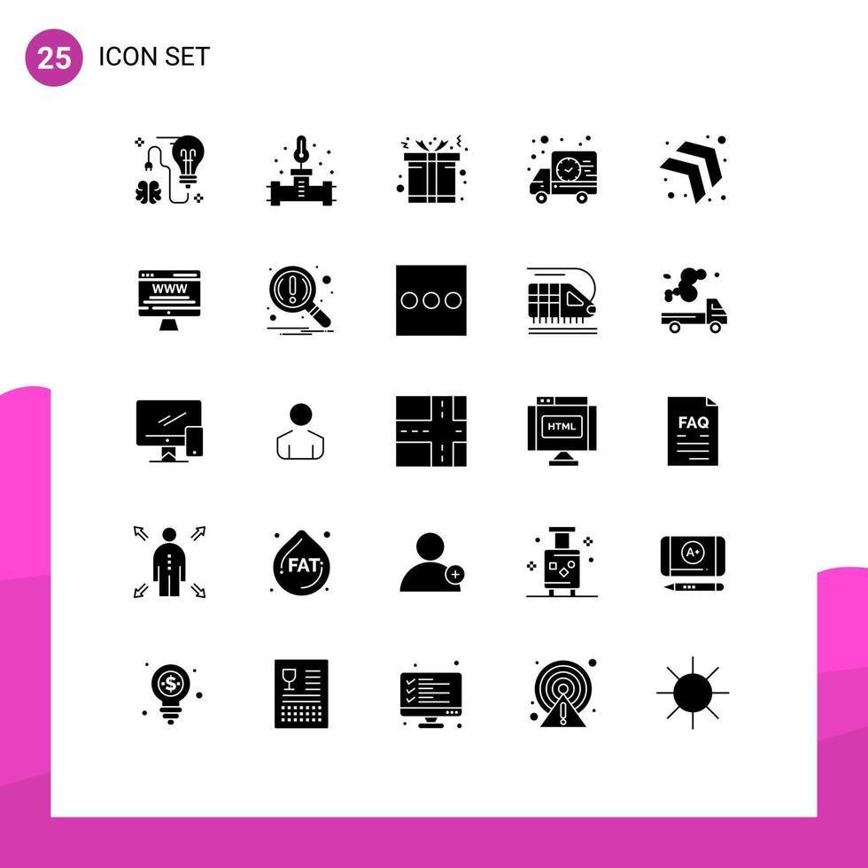 25 Universal Solid Glyphs Set for Web and Mobile Applications up truck temperature time delivery Editable Vector Design Elements