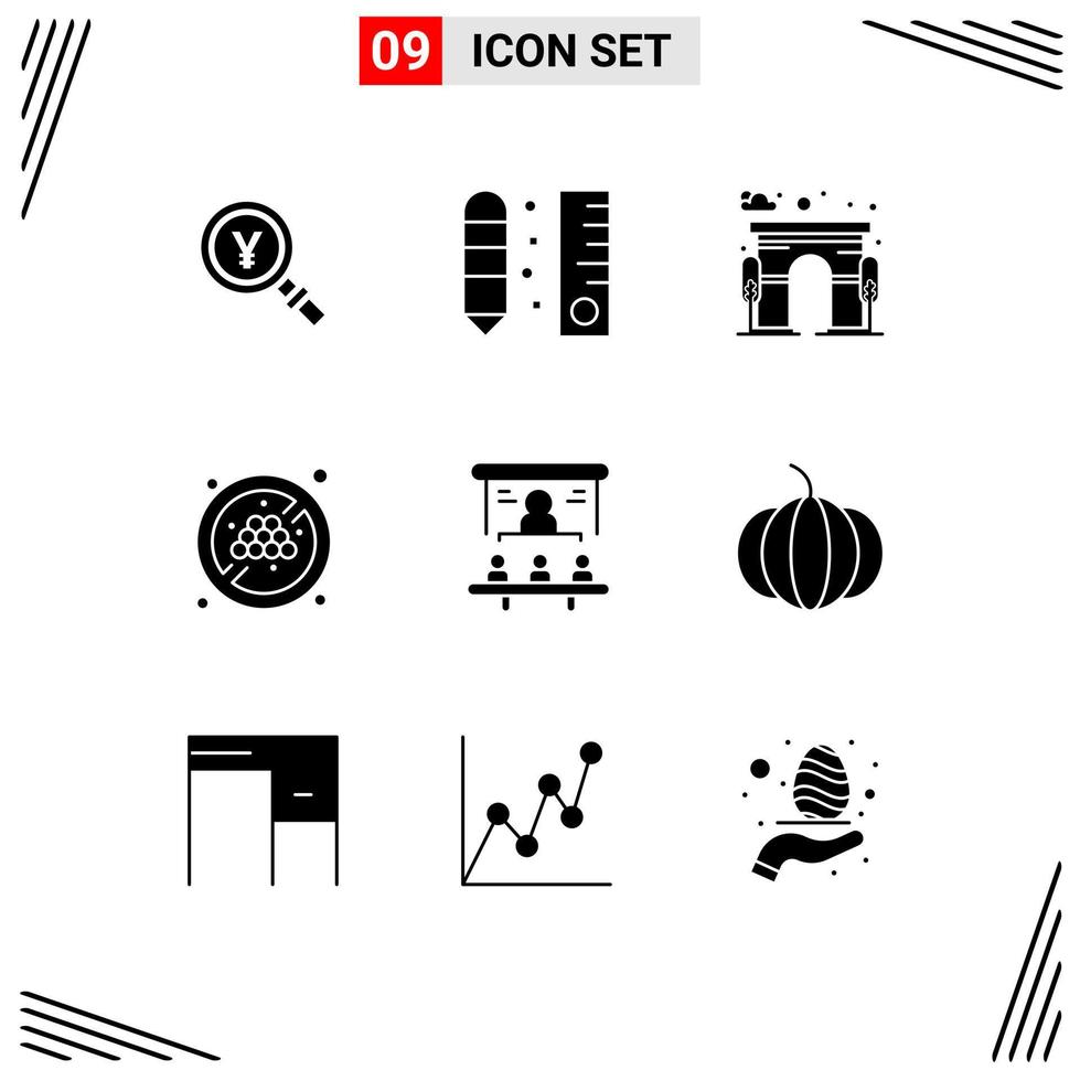 Pictogram Set of 9 Simple Solid Glyphs of business fruit no grape ruler no diet door Editable Vector Design Elements