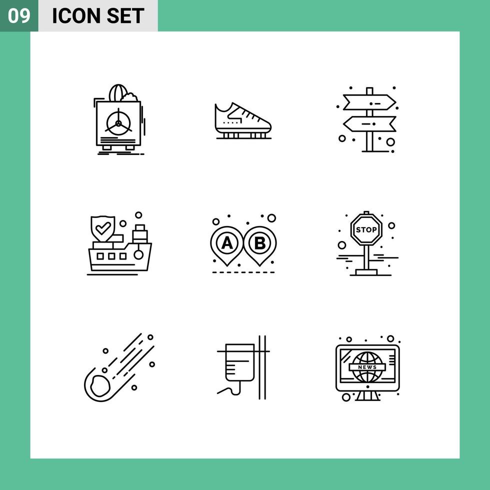 Modern Set of 9 Outlines Pictograph of road protection skates insurance direction Editable Vector Design Elements