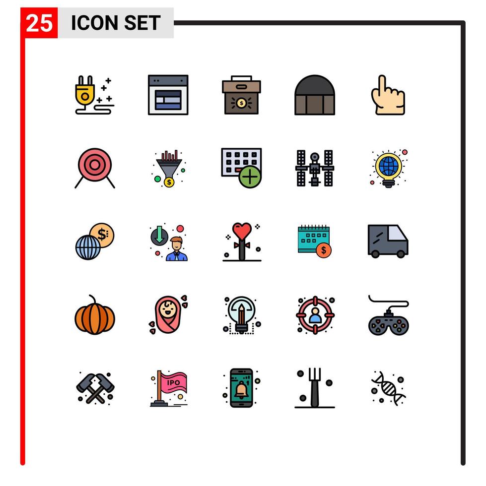 Mobile Interface Filled line Flat Color Set of 25 Pictograms of finger islamic building bag historical building investment Editable Vector Design Elements