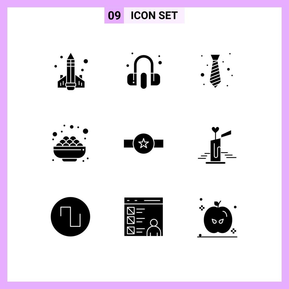 9 User Interface Solid Glyph Pack of modern Signs and Symbols of sweet grocery earphone bowl fashion Editable Vector Design Elements