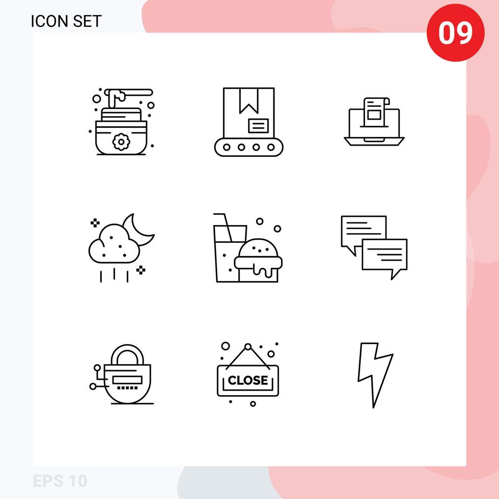 Pack of 9 Modern Outlines Signs and Symbols for Web Print Media such as weather storage e cloud mail Editable Vector Design Elements