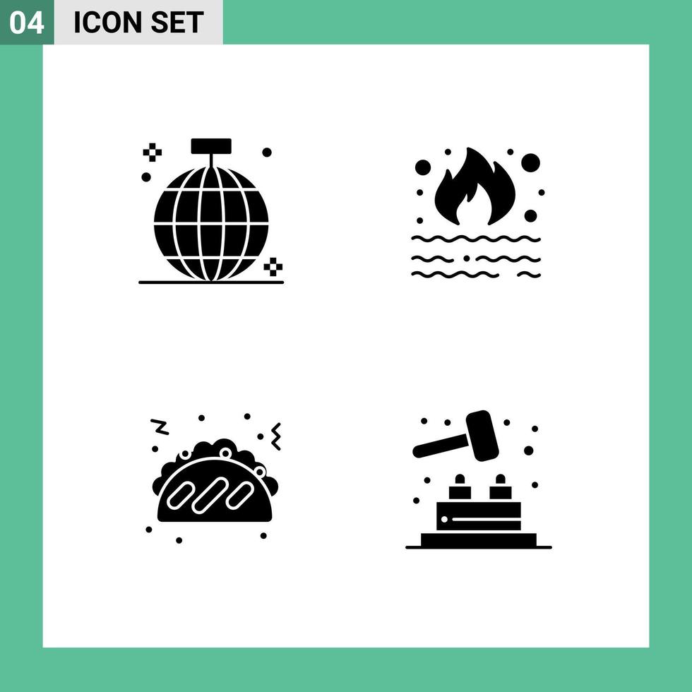 Universal Icon Symbols Group of 4 Modern Solid Glyphs of ball smoke disco fire fast food Editable Vector Design Elements