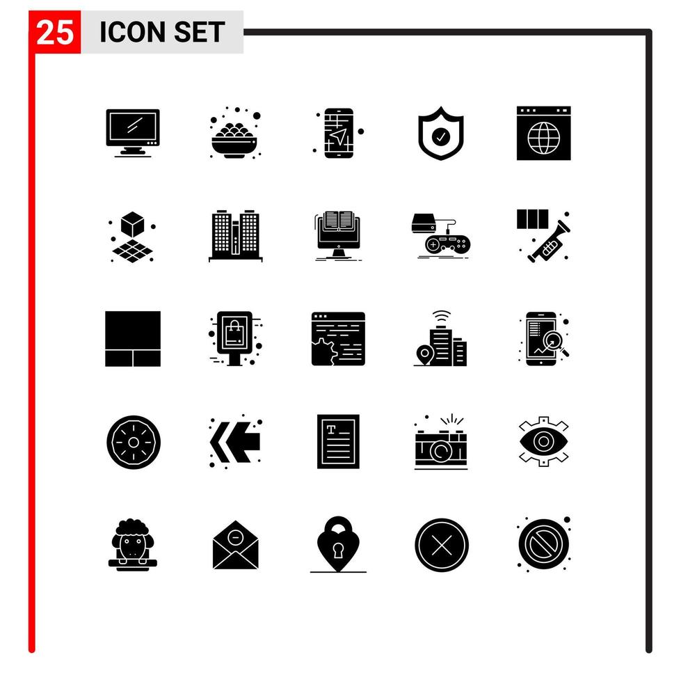 Solid Glyph Pack of 25 Universal Symbols of globe security sweet protection direction Editable Vector Design Elements
