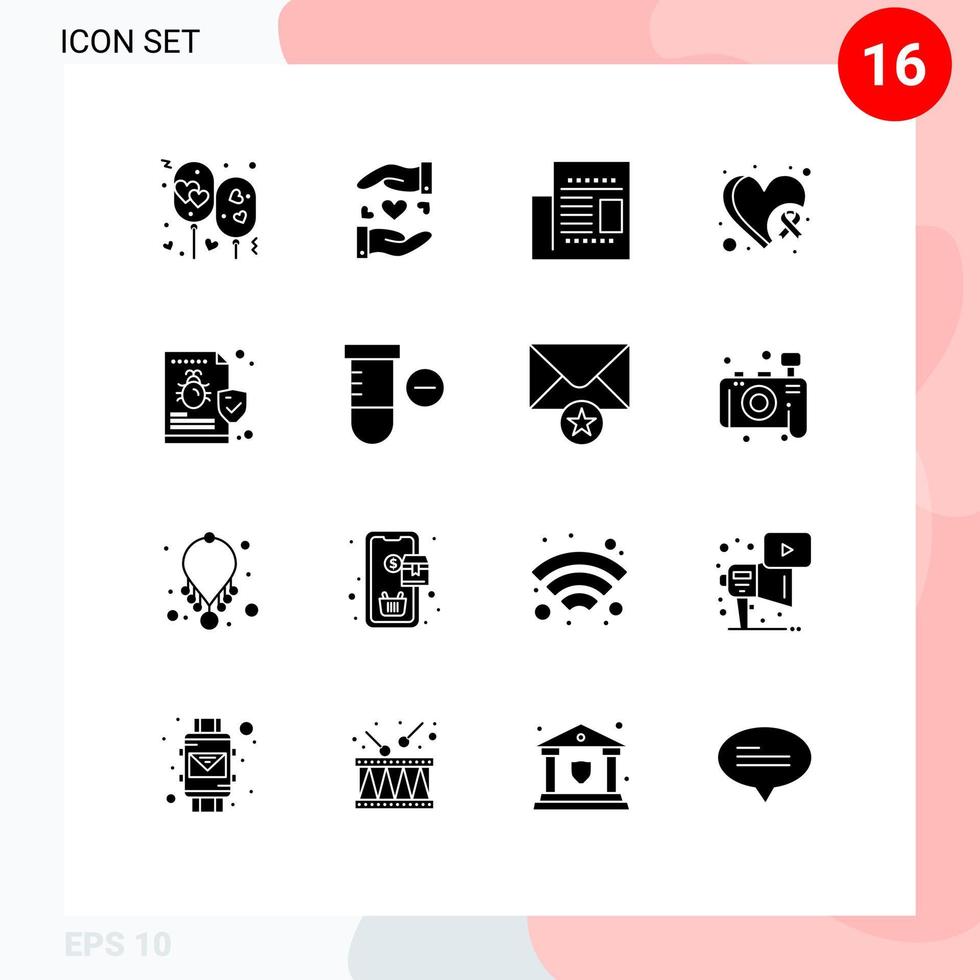 16 Thematic Vector Solid Glyphs and Editable Symbols of bug heart wedding cancer read Editable Vector Design Elements