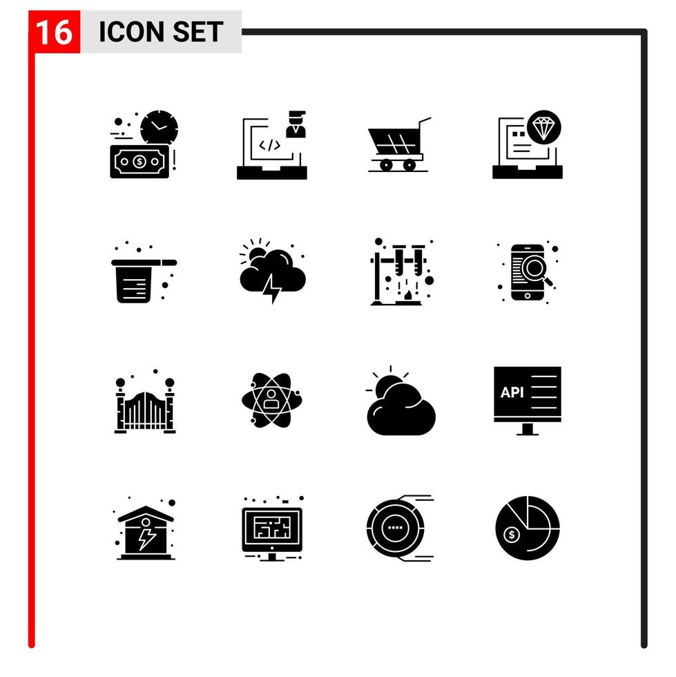 16 User Interface Solid Glyph Pack of modern Signs and Symbols of baking coding cart code app Editable Vector Design Elements