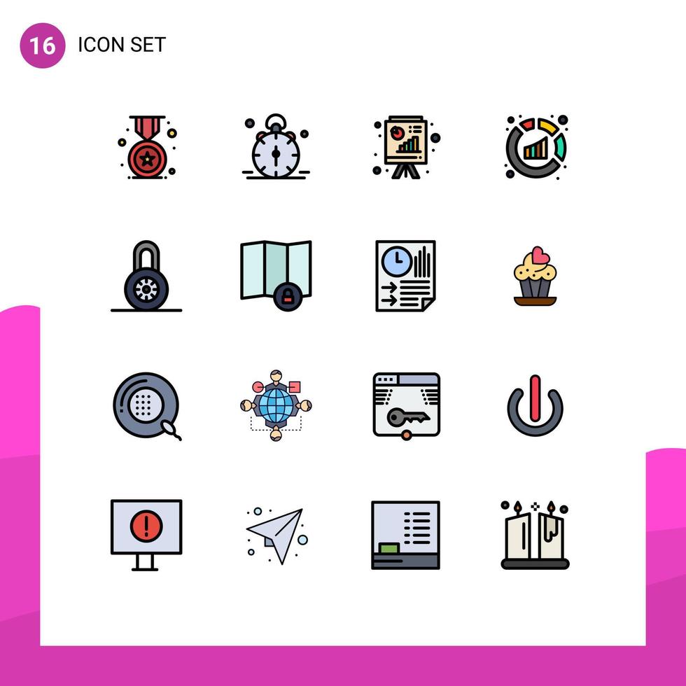 Paquete de 16 líneas llenas de color plano de la interfaz de usuario de signos y símbolos modernos del informe de alerta de ventas de bloqueo informe comercial elementos de diseño de vectores creativos editables