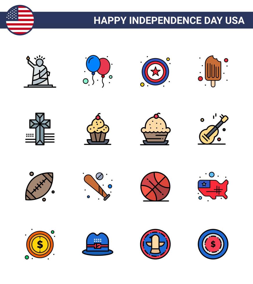 Group of 16 Flat Filled Lines Set for Independence day of United States of America such as cross ice cream party food cold Editable USA Day Vector Design Elements