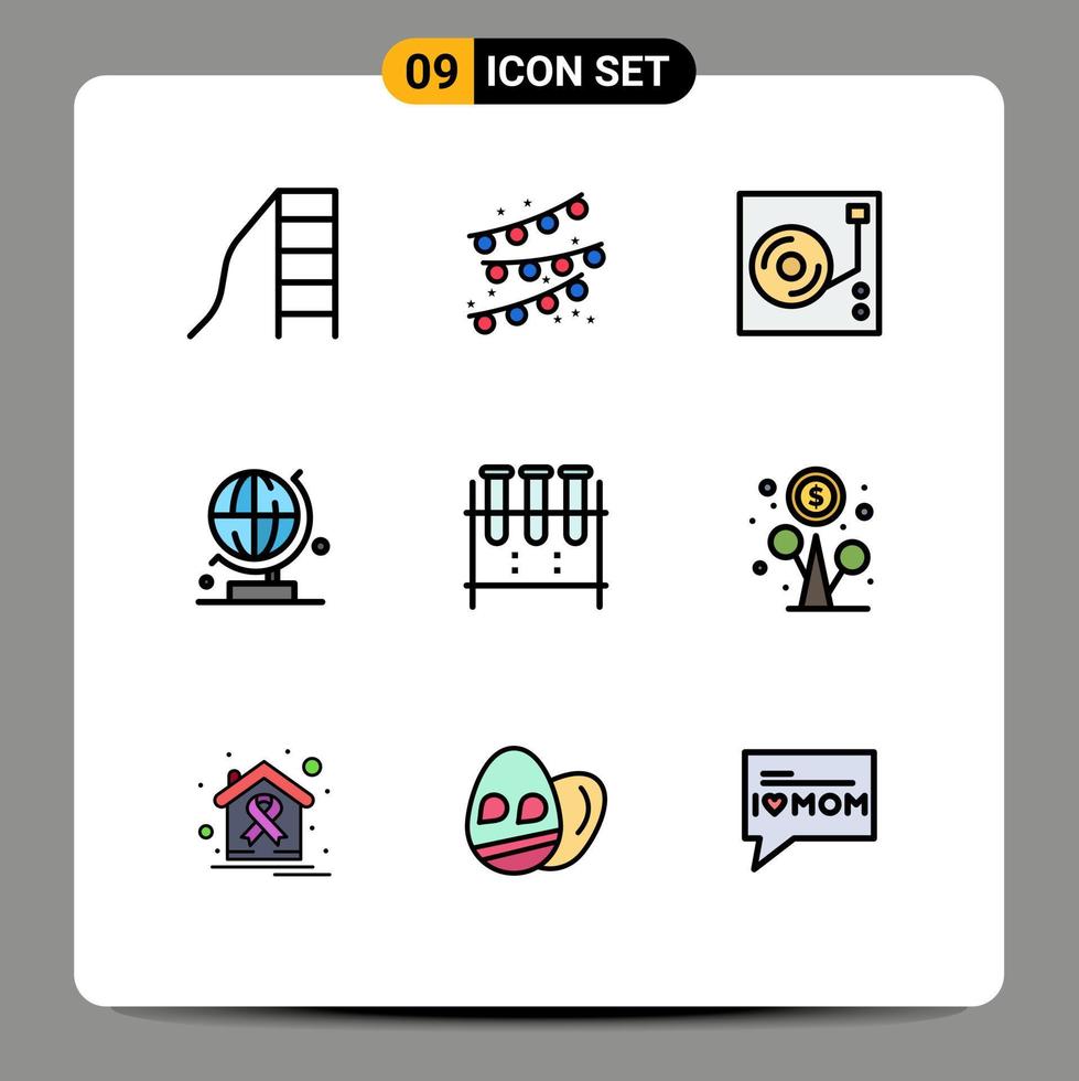 Modern Set of 9 Filledline Flat Colors Pictograph of lab glassware erlenmeyer flask player chemical flask globe Editable Vector Design Elements