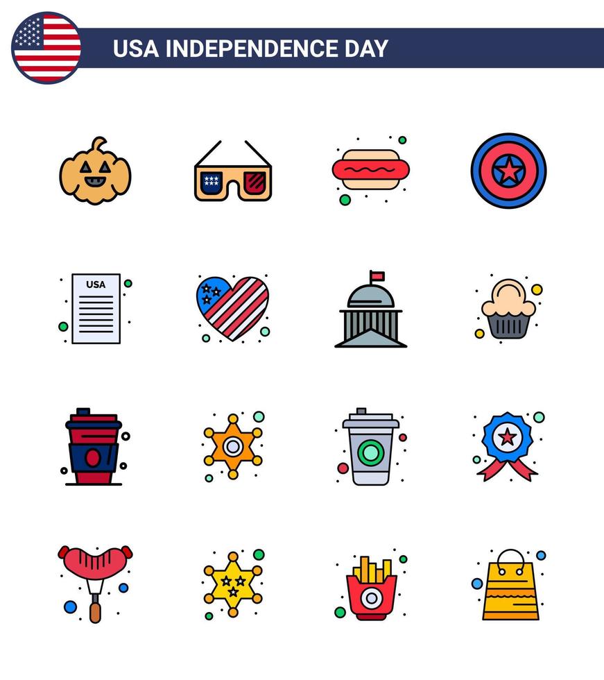 Pack of 16 creative USA Independence Day related Flat Filled Lines of democratic declaration dog medal independece Editable USA Day Vector Design Elements