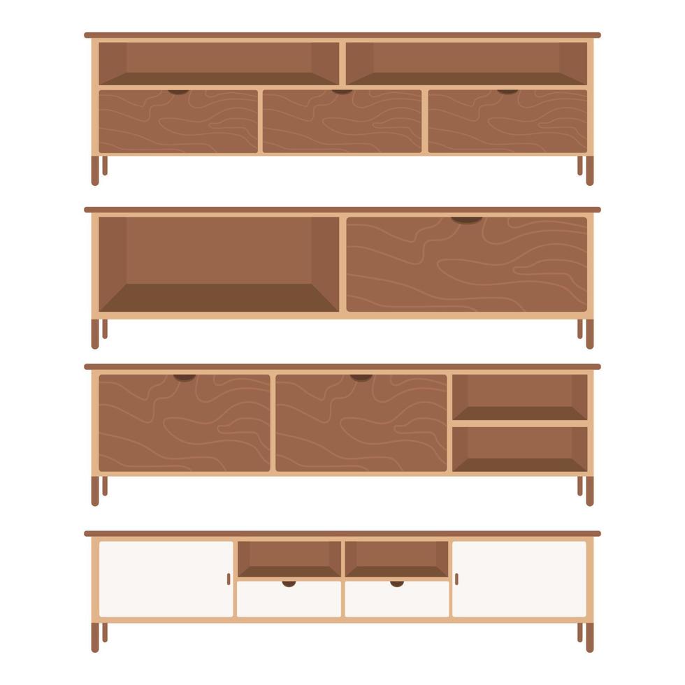 conjunto de estantes de madera con cajón en estilo de diseño plano vector