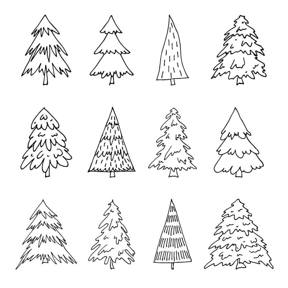 clipart dibujado a mano del árbol de navidad. conjunto de garabatos de abeto. elemento único para tarjeta, impresión, diseño, decoración vector