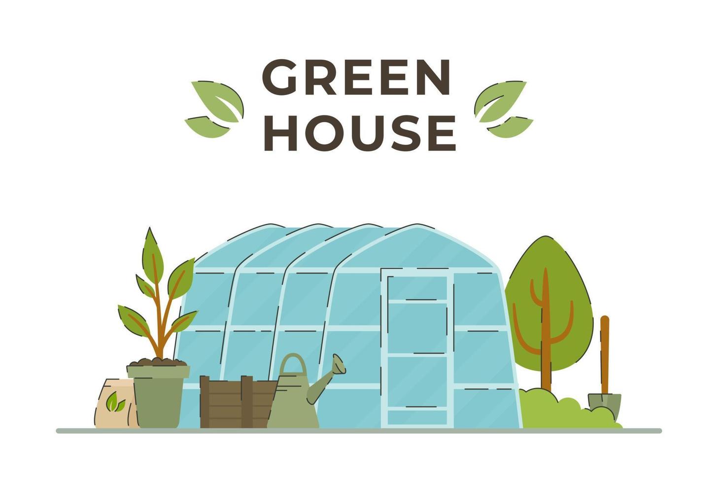 Greenhouse. Cultivate. Vector illustration of agriculture. Vegetable garden. Trees.